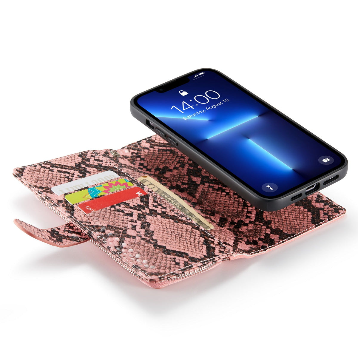 Apple iPhone 13 Pro Max Case - Pink - Luxury Snake Print Wallet Case with Zip and Card Holder