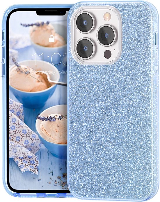 Apple iPhone 14 Pro Max Hoesje - Blauw - Glitter Back Cover