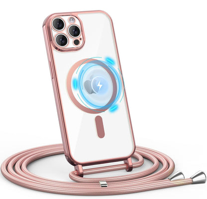 Apple iPhone 16 Pro Max Hoesje - Roze - Siliconen MagSafe Back Cover met Telefoonkoord