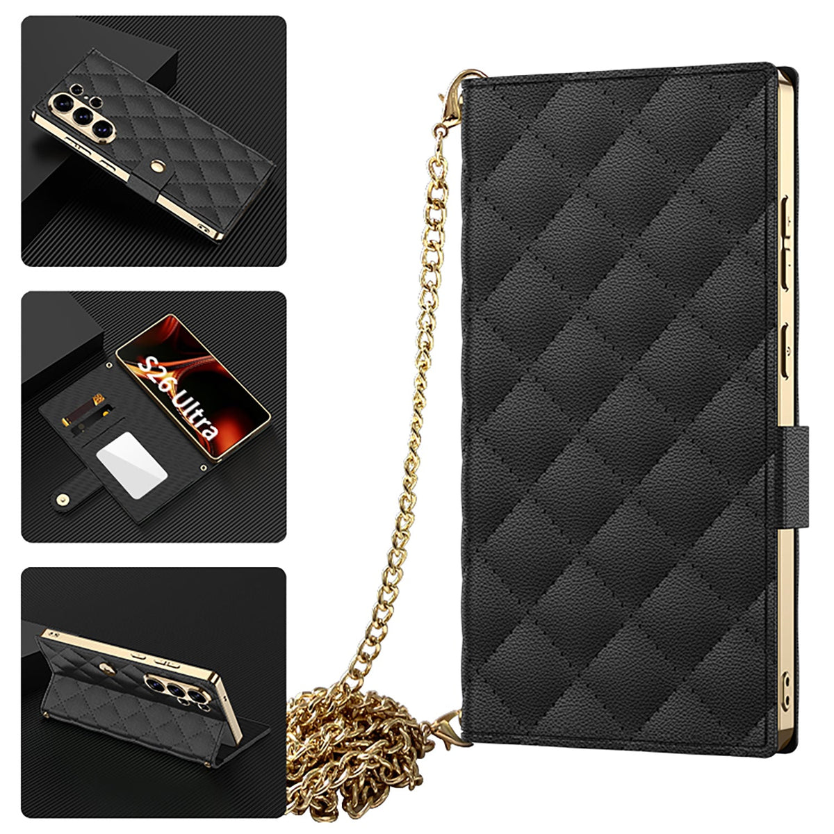 Étui Samsung Galaxy S26 Ultra - Noir - Étui portefeuille bandoulière en similicuir avec porte-cartes