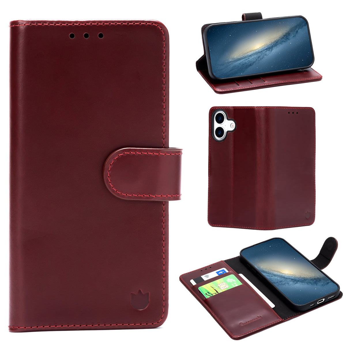 Apple iPhone 17 Hülle - Maroon Red - Echtleder-Klapphülle mit Kartenfach