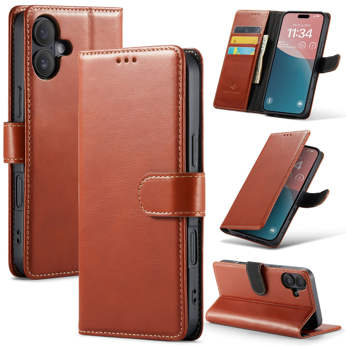 Apple iPhone 16 Plus Hoesje - Bruin - Echt Leren Bookcase