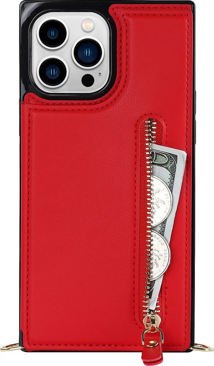 Apple iPhone 15 Pro Max Hoesje - Rood - Luxe Back Cover met Telefoonkoord en Rits