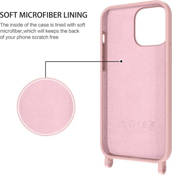 Apple iPhone 14 Pro Hoesje - Roze - Siliconen Back Cover met Telefoonkoord