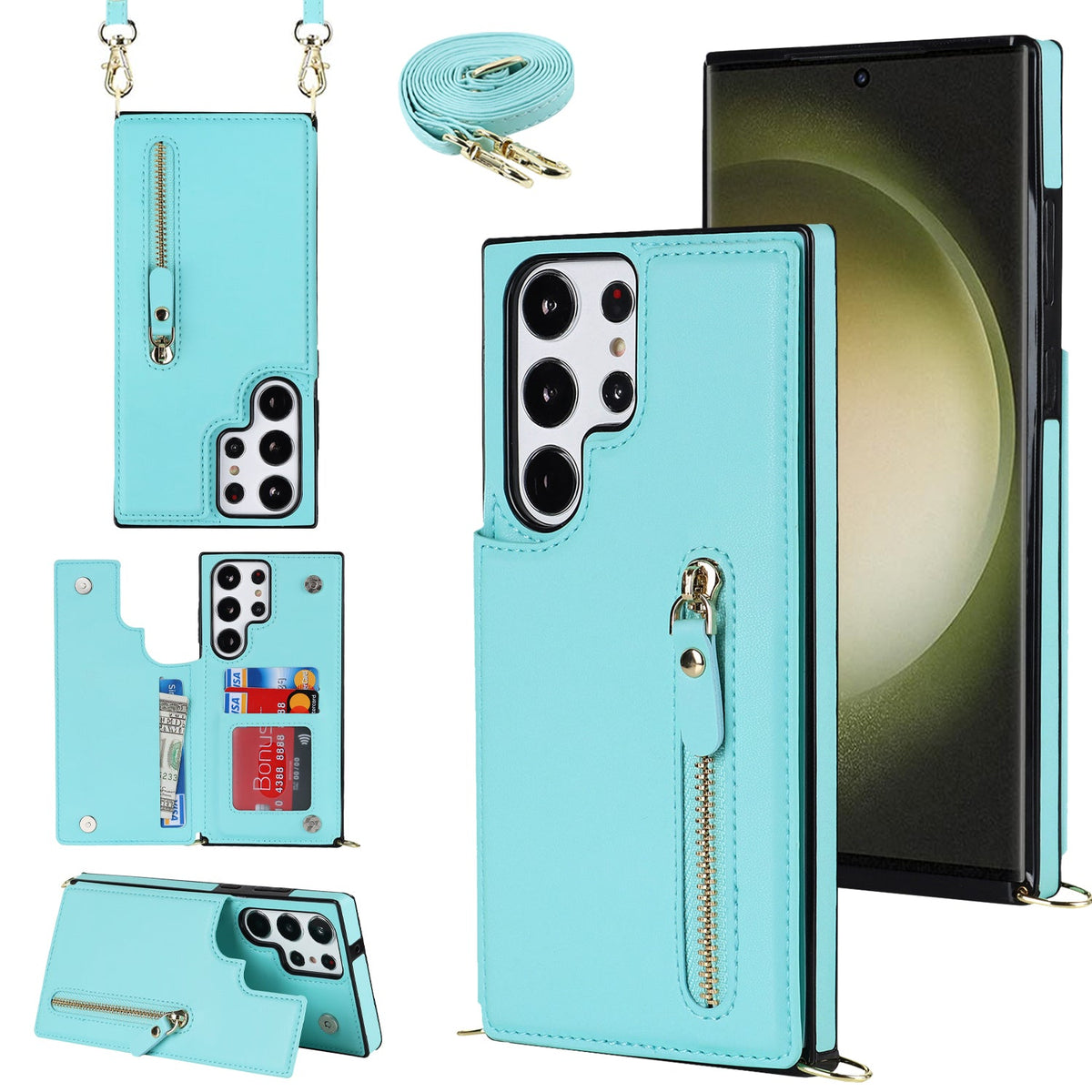 Samsung Galaxy S23 Ultra Hoesje - Turquoise - Luxe Back Cover met Telefoonkoord en Rits