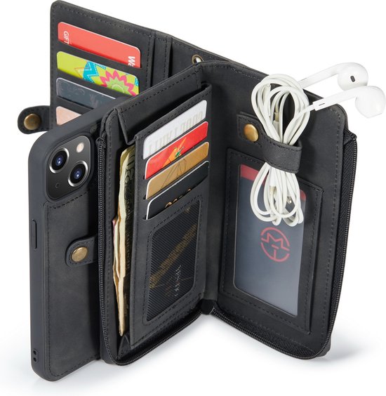 Apple iPhone 13 Hoesje - Charcoal Gray - Luxe 2 in 1 Bookcase met 10 Kaart Vakken en Polskoord