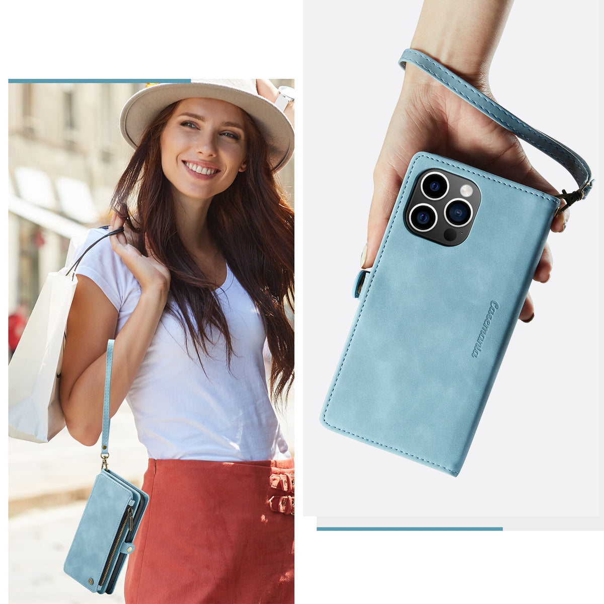 Apple iPhone 15 Pro Case - Aqua Blue - Luxury MagSafe Wallet Case with Zipper and Phone Strap