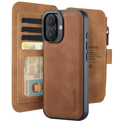 Apple iPhone 16 Plus Hülle - Sienna Brown - 2-in-1 Klapphülle mit Kartenfach und Reißverschluss