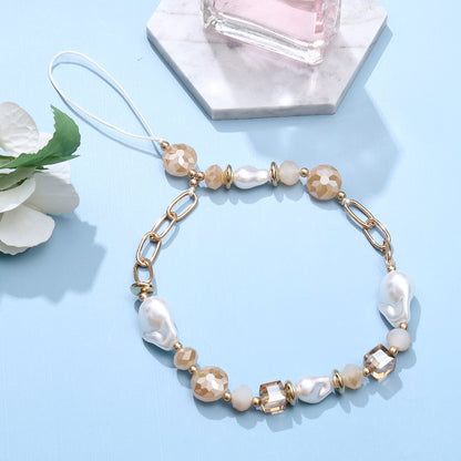 Casemania Universal Phone Chain - Gold-Coloured Links & Baroque Pearls - Wrist Strap with Champagne Beads - Wristlet Charm Strap - Sturdy Mobile Armband