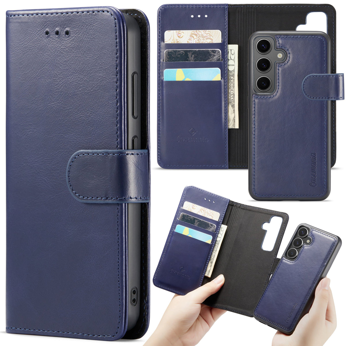 Samsung Galaxy S24 Case - Navy Blue - Genuine Leather 2-in-1 Wallet Case