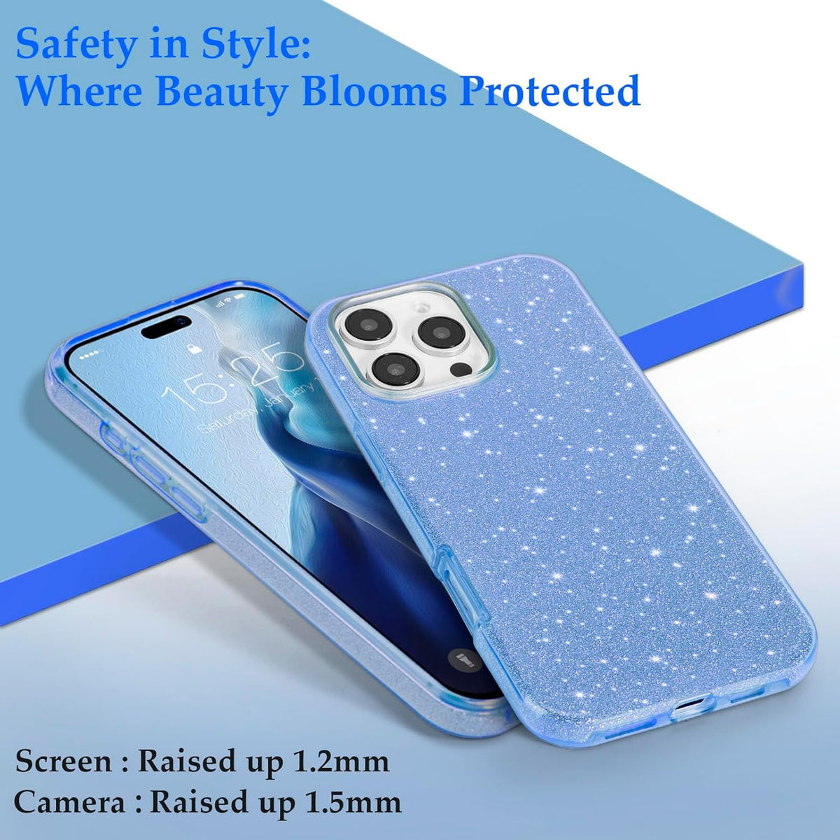 Apple iPhone 16 Pro Hoesje - Blauw - Glitter Back Cover