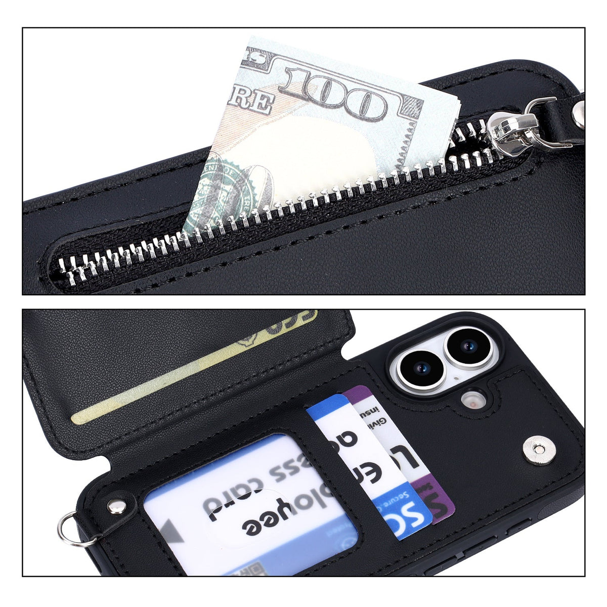 iPhone 17 Hülle – Schwarz – Luxuriöses Backcover mit Handyband und Reißverschluss