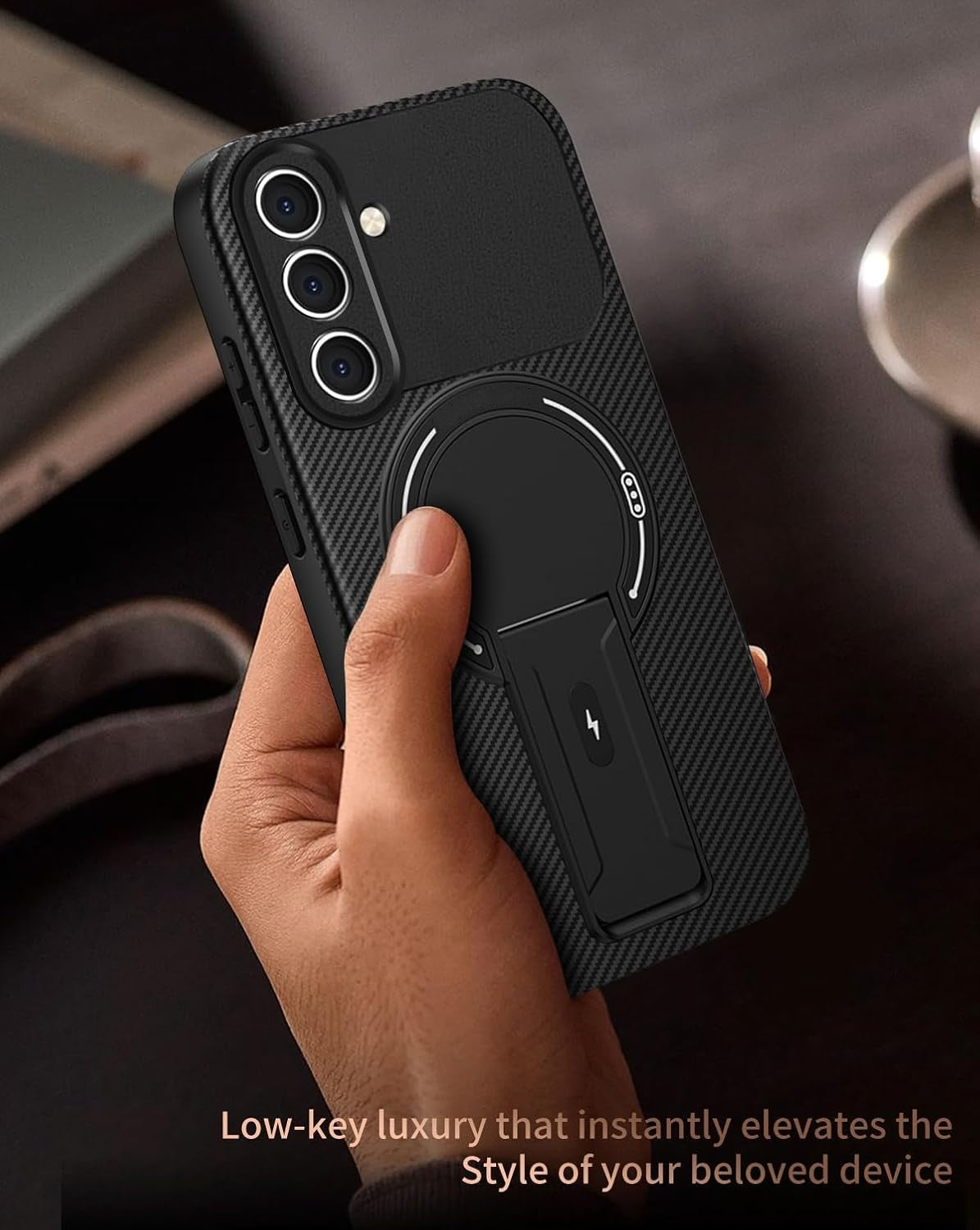 Samsung Galaxy A57 Case - Zwart Carbon - Silicone MagSafe Back Cover with Kickstand Stand