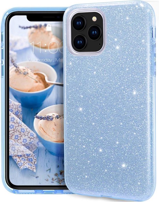 Apple iPhone 12 Hoesje - Blauw - Glitter Back Cover
