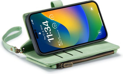 Apple iPhone 14 Pro Max Case - Pistache Green - Luxury Wallet Case with Zipper and Phone Strap