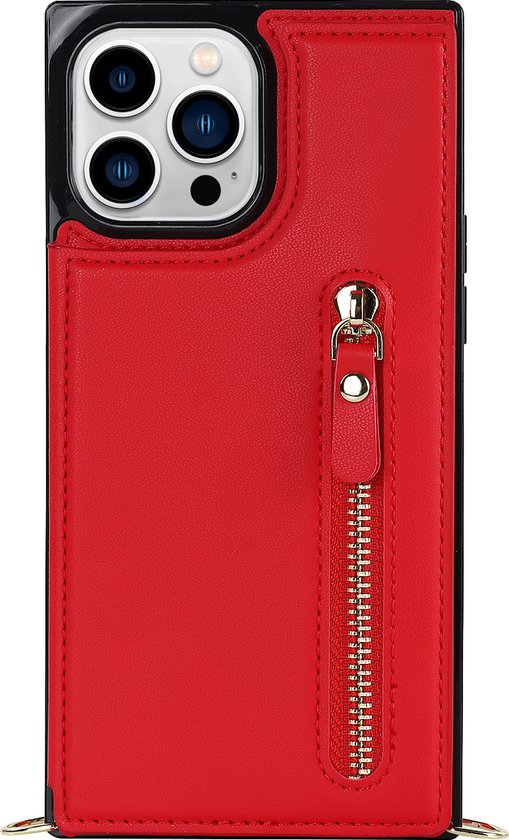 Apple iPhone 15 Pro Max Hoesje - Rood - Luxe Back Cover met Telefoonkoord en Rits