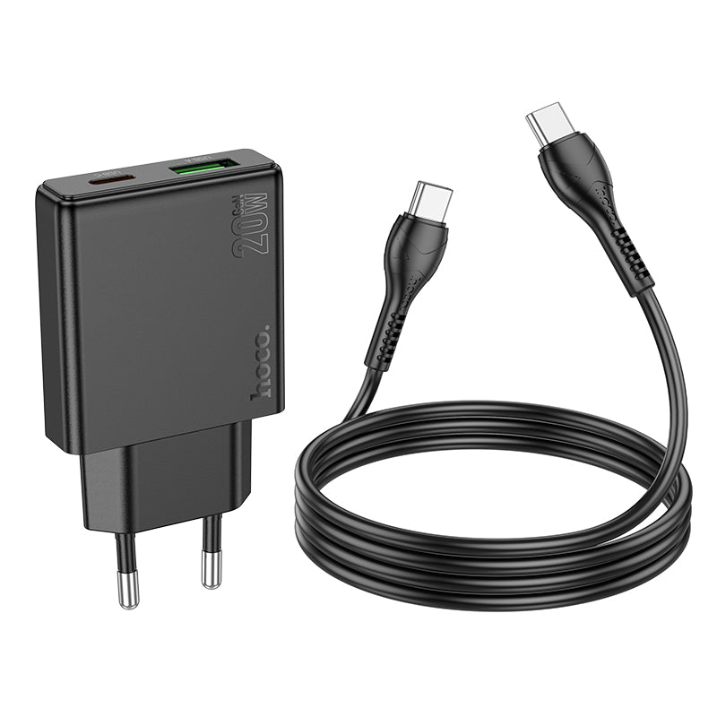 Hoco 20W Slim-Schnellladegerät 2-Port USB-C + USB-A mit USB-C-Kabel 1m - Schwarz
