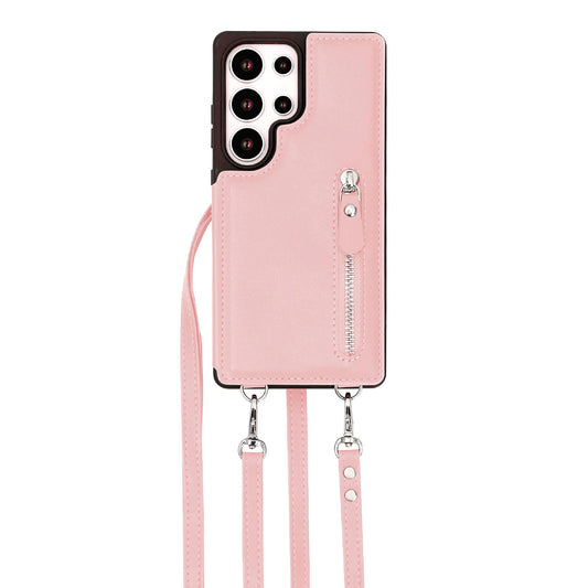 Samsung Galaxy S25 Ultra Hülle - Rosa - Luxus-Backcover mit Handykette und Reißverschluss