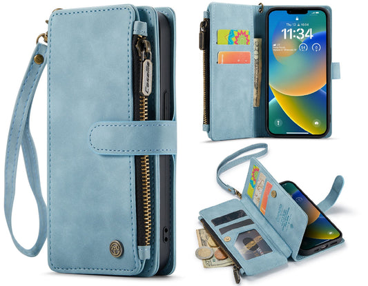Apple iPhone 7 Hoesje - Aqua Blue - Luxe Bookcase met Rits en Telefoonkoord