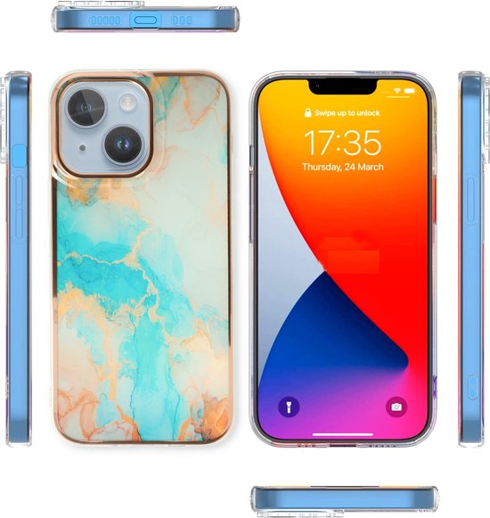 iPhone 13 Hoesje - Aqua - Siliconen Marmer Back Cover