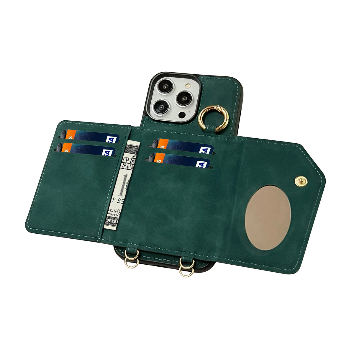 Apple iPhone 16 Pro Max Hülle - Emerald Green - Luxus-Klapphülle mit Kartenfach, Spiegel und Handykette