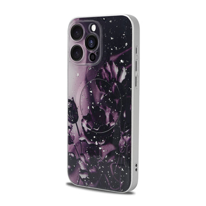 Apple iPhone 15 Pro Max Hoesje - Donker Paars - Bloemen Glitter MagSafe Back Cover
