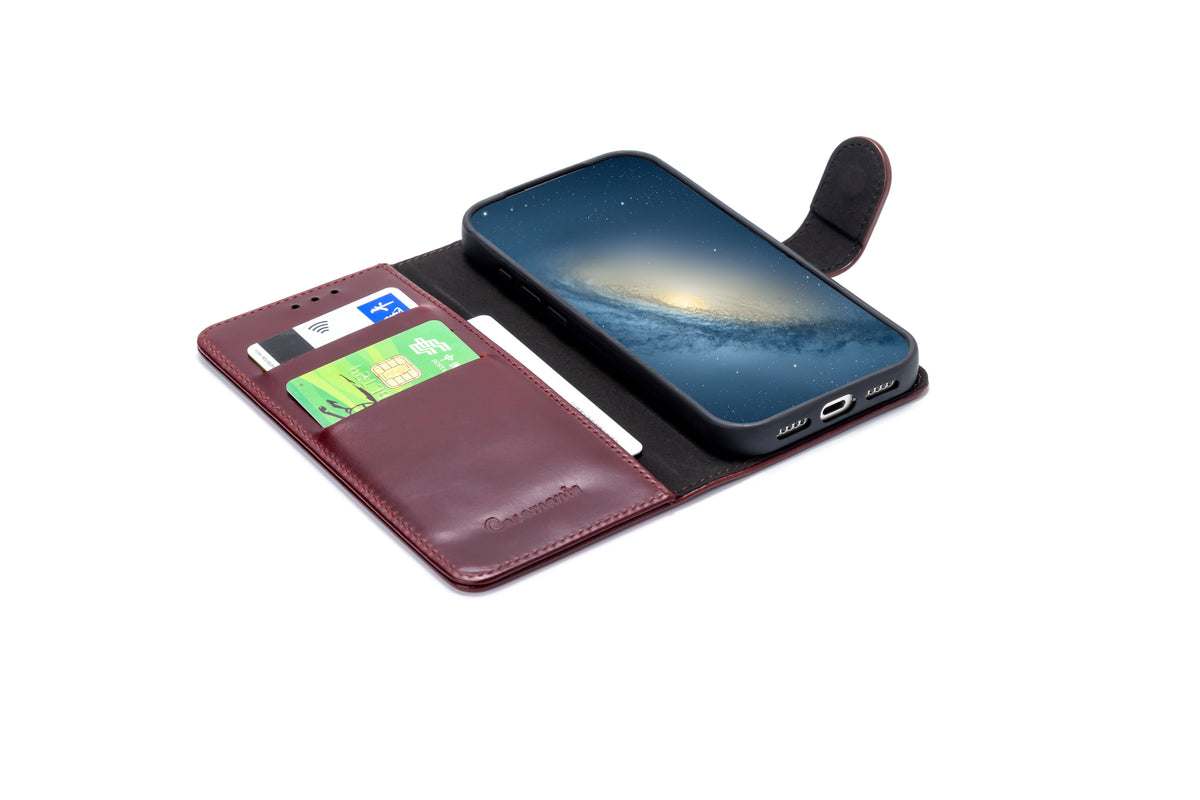 iPhone 17 Pro Hoesje - Maroon Red - Echt Leren Bookcase