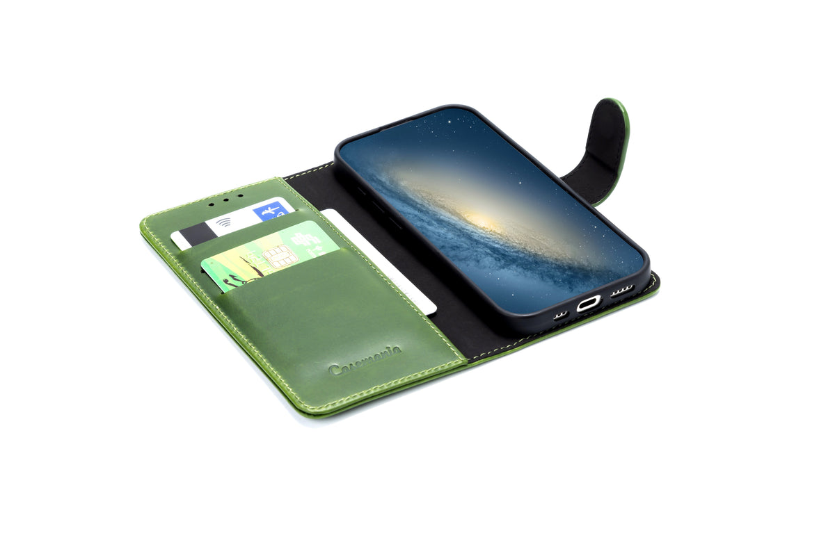 Apple iPhone 17 Hülle - Olive Green - Echtleder-Klapphülle mit Kartenfach