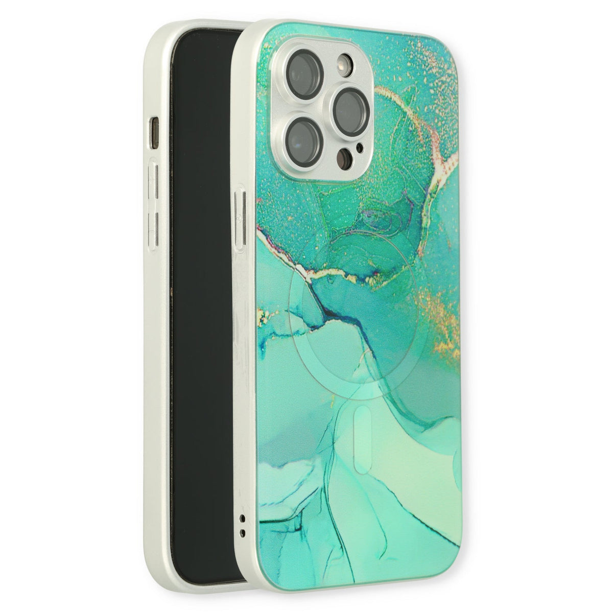 Apple iPhone 14 Pro Hoesje - Blauw - Siliconen Marmer MagSafe Back Cover