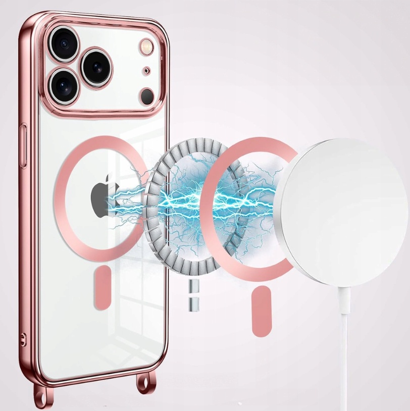 iPhone 17 Pro Hoesje - Rosegoud - Siliconen MagSafe Back Cover met Telefoonkoord