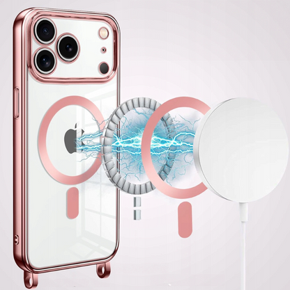 iPhone 17 Pro Hoesje - Rosegoud - Siliconen MagSafe Back Cover met Telefoonkoord