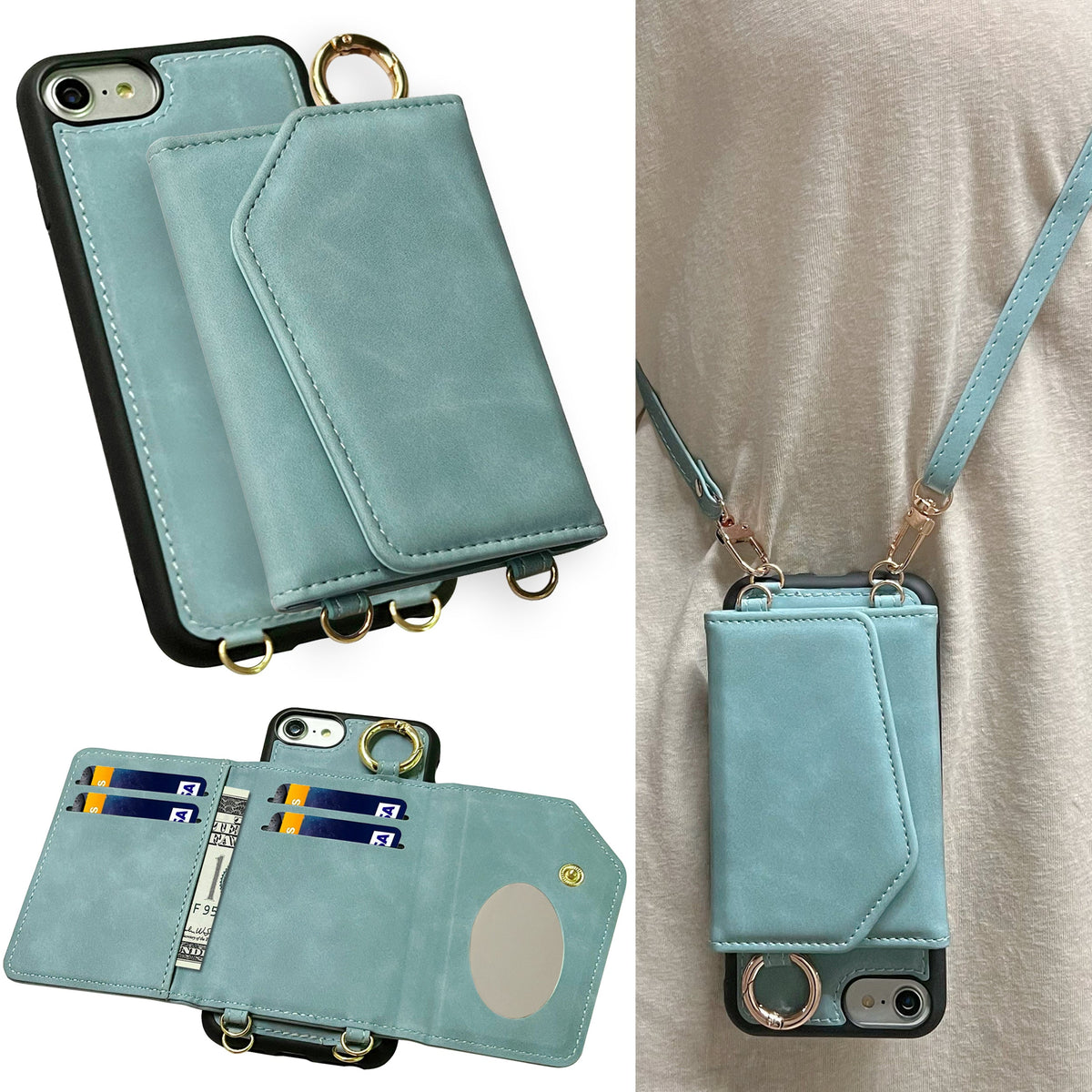 Apple iPhone 7 Case - Aqua Blue - Back Cover with Mirror, Sliding Card Holder and Phone Strap