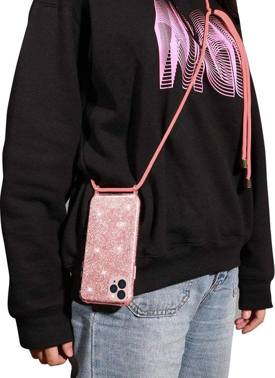 Apple iPhone 12 Pro Max Hoesje - Roze - Glitter Back Cover met Telefoonkoord