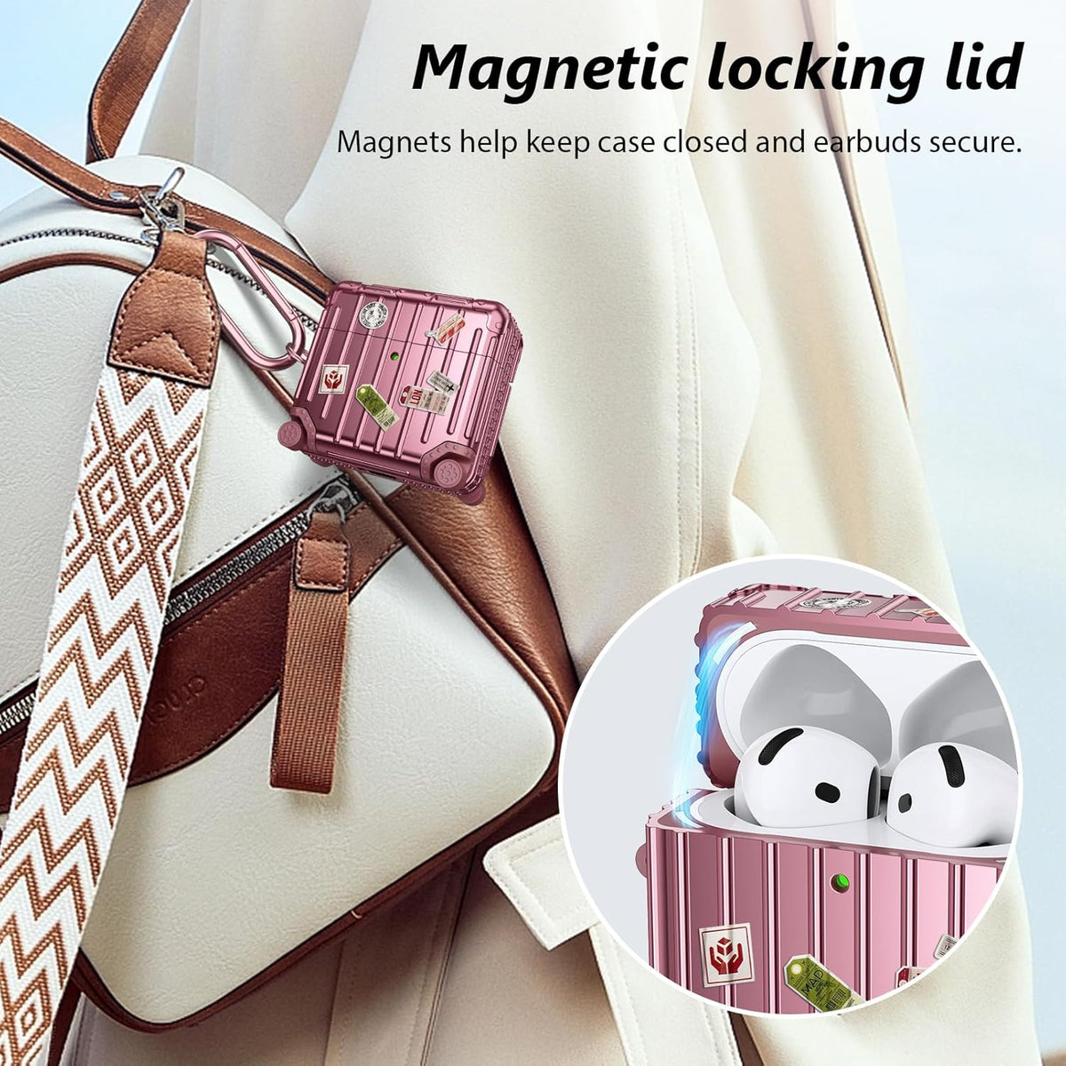 Apple AirPods 4 Hoesje - Koffer Suit Case met Stickers - Rosegoud