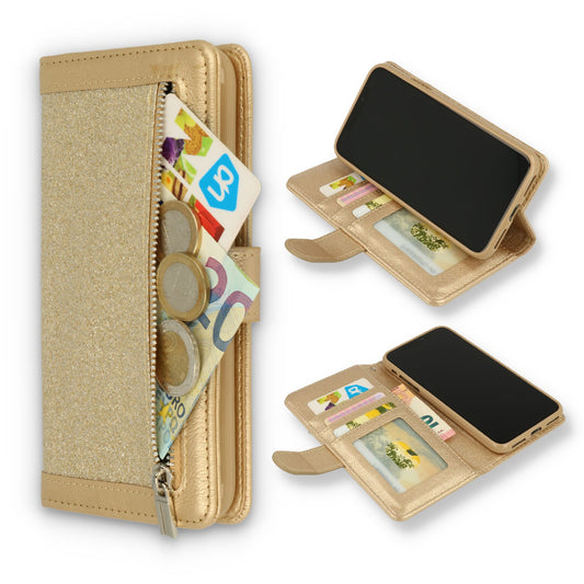 Apple iPhone 12 Mini Hülle - Gold - Glitzer-Luxus-Klapphülle mit Kartenfach und Reißverschluss
