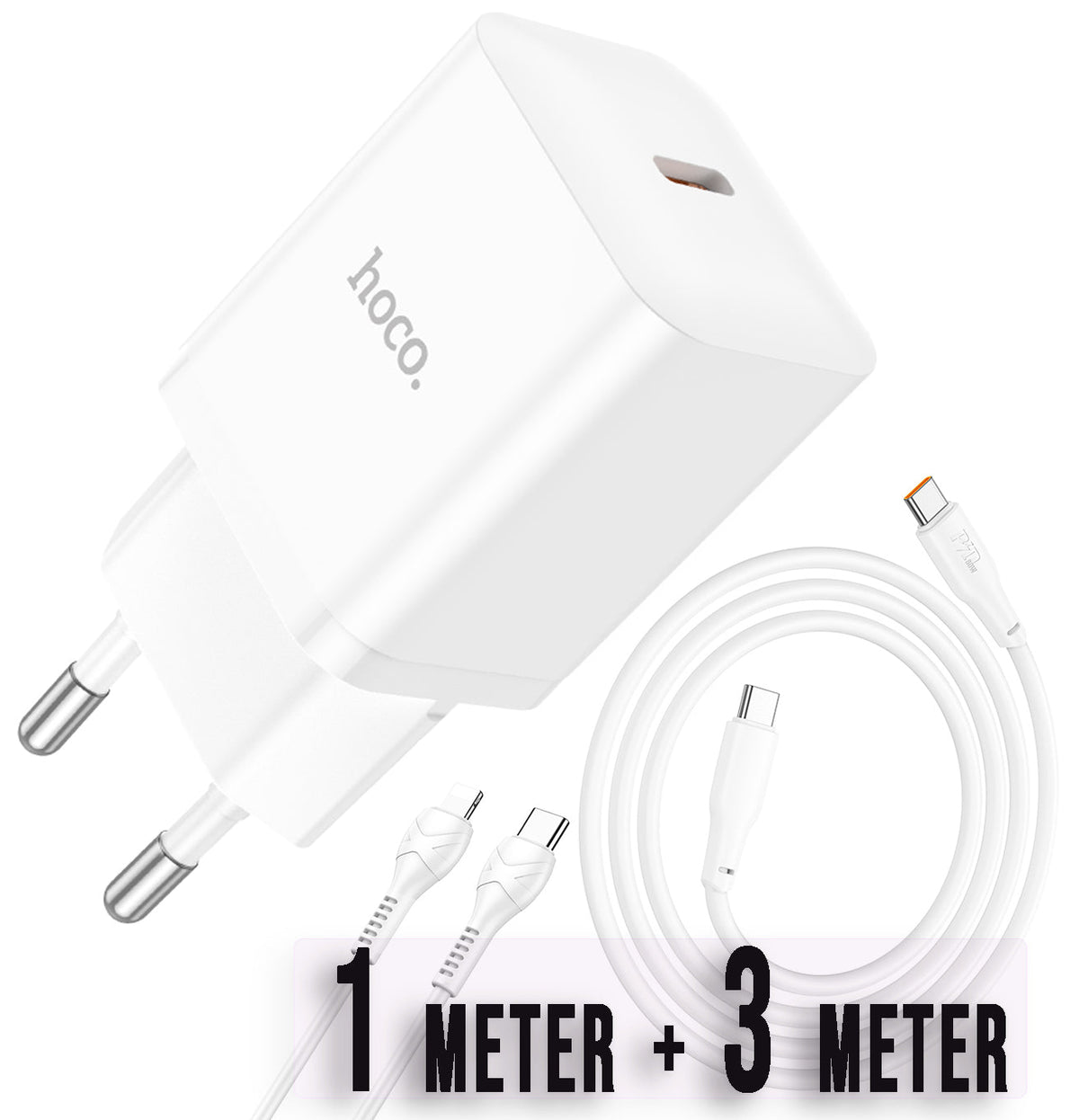 Hoco Chargeur Rapide USB-C 20W avec 2x Câble USB-C 1 m + 3 m - Blanc