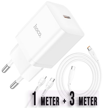 Hoco Chargeur Rapide USB-C 20W avec 2x Câble USB-C 1 m + 3 m - Blanc