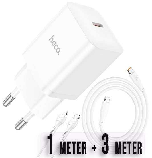 Hoco 20W USB-C-Schnellladegerät mit 2x USB-C-Kabel 1m + 3m - Weiß