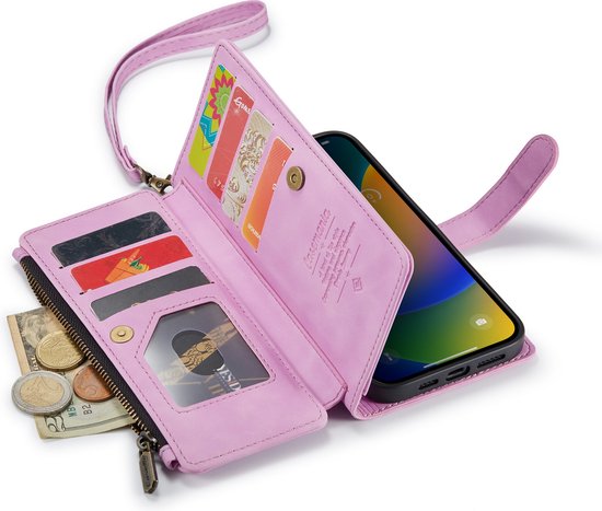 Apple iPhone 14 Pro Hoesje - Pastel Pink - Luxe Bookcase met Rits en Telefoonkoord
