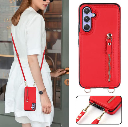Samsung Galaxy A14 Hoesje - Rood - Luxe Back Cover met Telefoonkoord en Rits