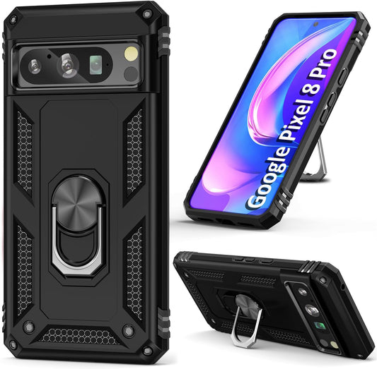 Google Pixel 8 Pro Hoesje - Zwart - Armor Kickstand Back Cover met Magneetring