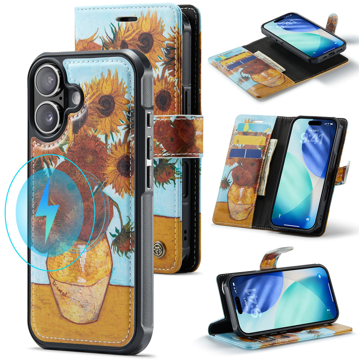 Apple iPhone 17 Hoesje - Zonnebloemen - 2 in 1 MagSafe Bookcase