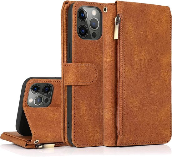 Apple iPhone 13 Pro Case - Brown - Extra Sturdy Luxury Wallet Case with Zip and Compartments