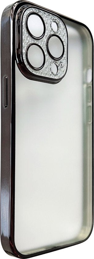 Apple iPhone 12 Hoesje - Zwart - Transparant Glitter Back Cover met Camerabescherming