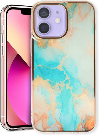 iPhone 12/12 Pro Hoesje - Aqua - Siliconen Marmer Back Cover