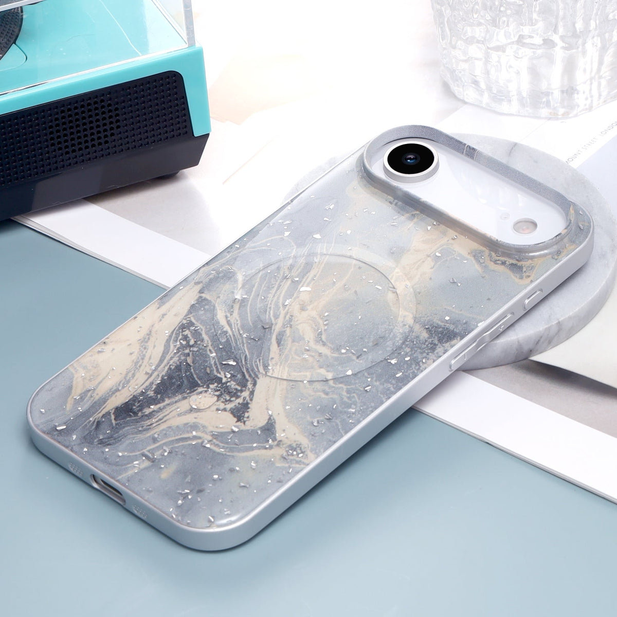 Apple iPhone Air Hülle - Grau - Marmor-Glitzer-MagSafe-Backcover