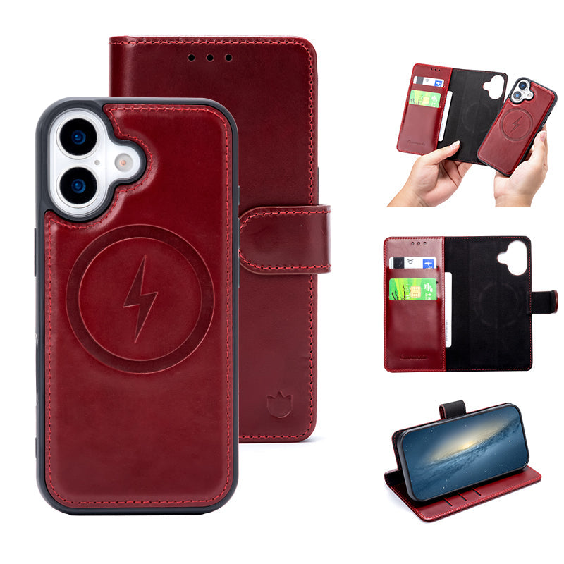 Apple iPhone 17 Hülle - Maroon Red - Echtleder MagSafe Klapphülle mit Kartenfach