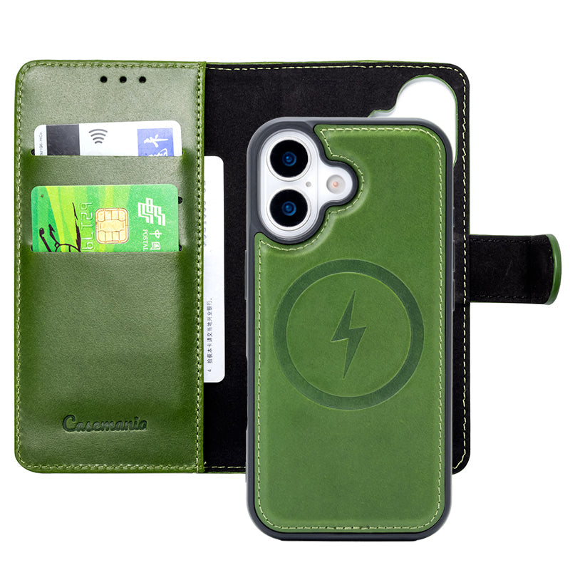Apple iPhone 17 Hoesje - Olive Green - Echt Leren MagSafe Bookcase