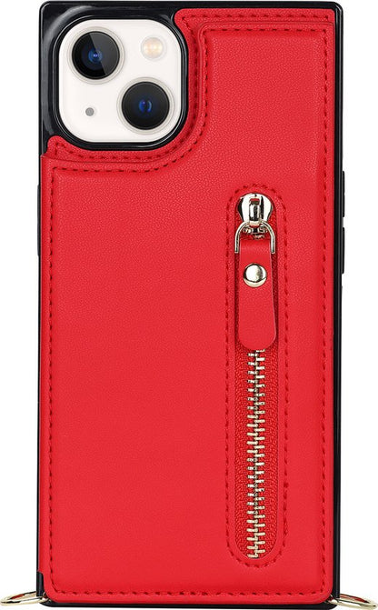 Apple iPhone 14 Plus Case - Red - Luxury Back Cover with Phone Strap and Zipper