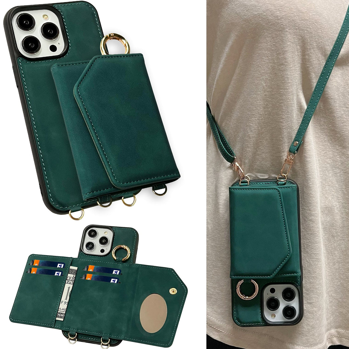 Apple iPhone 16 Pro Max Hülle - Emerald Green - Luxus-Klapphülle mit Kartenfach, Spiegel und Handykette